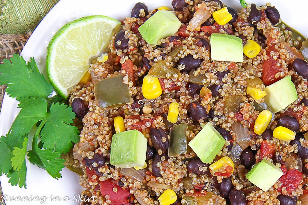 Close up of One Pan Mexican Quinoa on a white plate.