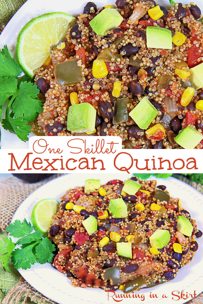 One Skillet Mexican Quinoa recipe made in one pan! Looking for healthy Mexican Quinoa recipes? This one is perfect because it's vegan, vegetarian, easy, clean eating, homemade, light, healthy, and delicious. Perfect for side dishes or main course. Made in one pan in less than 20 minutes. Use the quinoa in a bowl with toppings or as vegan taco or burrito filling. Filled with black beans, tomato, corn, onion, and bell pepper. Topped with avocado. / Running in a Skirt #quinoa #vegan #vegetarian via @juliewunder