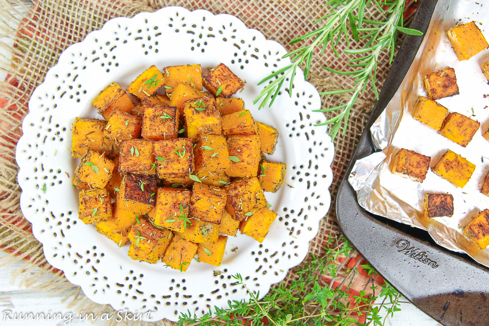 Finished product of Oven Roasted Butternut Squash on a white plate.