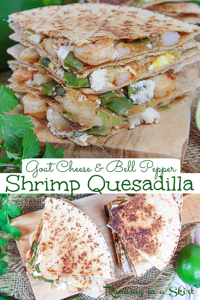 Healthy Shrimp Quesadilla recipe with goat cheese, peppers, Mexican cheese, and sauteed shrimp. An easy and simple Shrimp Goat Cheese Quesadilla with loads of flavor! This healthy Mexican recipe is cheesy but healthy. You'll love this quesadilla with shrimp and peppers. Pescatarian, Clean Eating / Running in a Skirt #mexican #healthy #pescatarian via @juliewunder