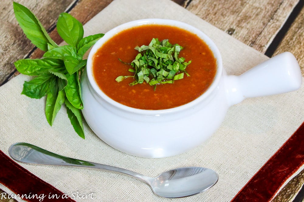 Easy Vegetarian Crock Pot Tomato Basil Soup in a white bowl.