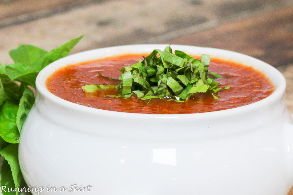 Easy Vegetarian Crock Pot Tomato Basil Soup in a white bowl.