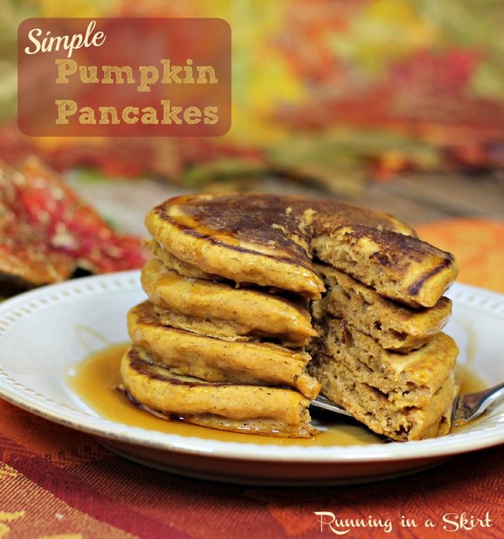 Simple Pumpkin Pancakes - uses box mix! Lots of pumpkin flavor and spices/ Running in a Skirt