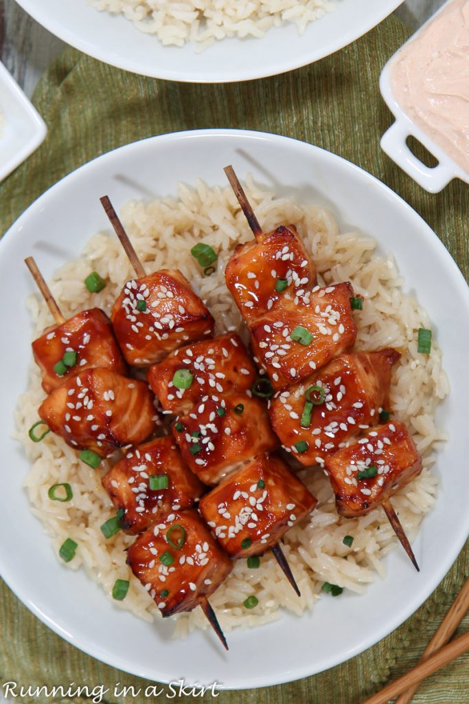 Asian Salmon Skewers with Sriracha Spicy Yogurt Sauce overhead shot.
