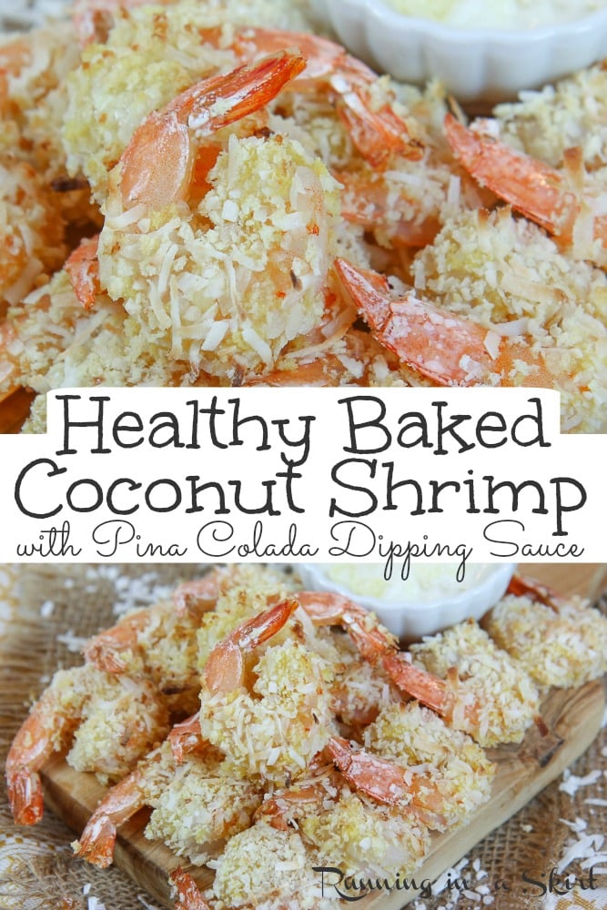 Healthy Oven Baked Coconut Shrimp - only 7 Ingredients for the crispy shrimp AND the greek yogurt based Pina Colada Dipping Sauce. This easy recipe is the BEST Coconut Shrimp. Tastes like copycat Red Lobster but healthier. Perfect for an appetizer or dinner. Pescatarian, Low Carb / Running in a Skirt #healthy #copycat #redlobster #shrimp via @juliewunder