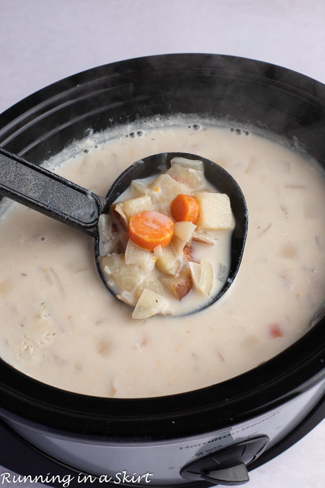 Potato Cheddar Soup in crock pot.