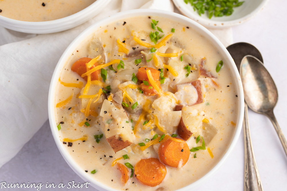 Potato Cheddar Soup overhead shot in white bowl.