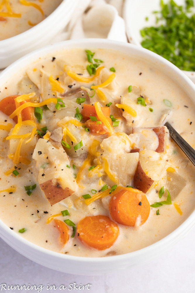 Crock Pot Potato Cheddar Soup in bowl.