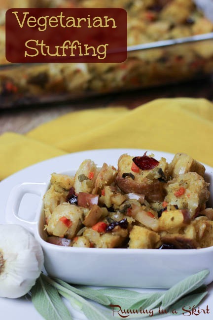 The best Vegetarian Stuffing- features apples, sage, cranberries, celery and carrots! Family favorite featured on Huffington Post/ Running in a Skirt