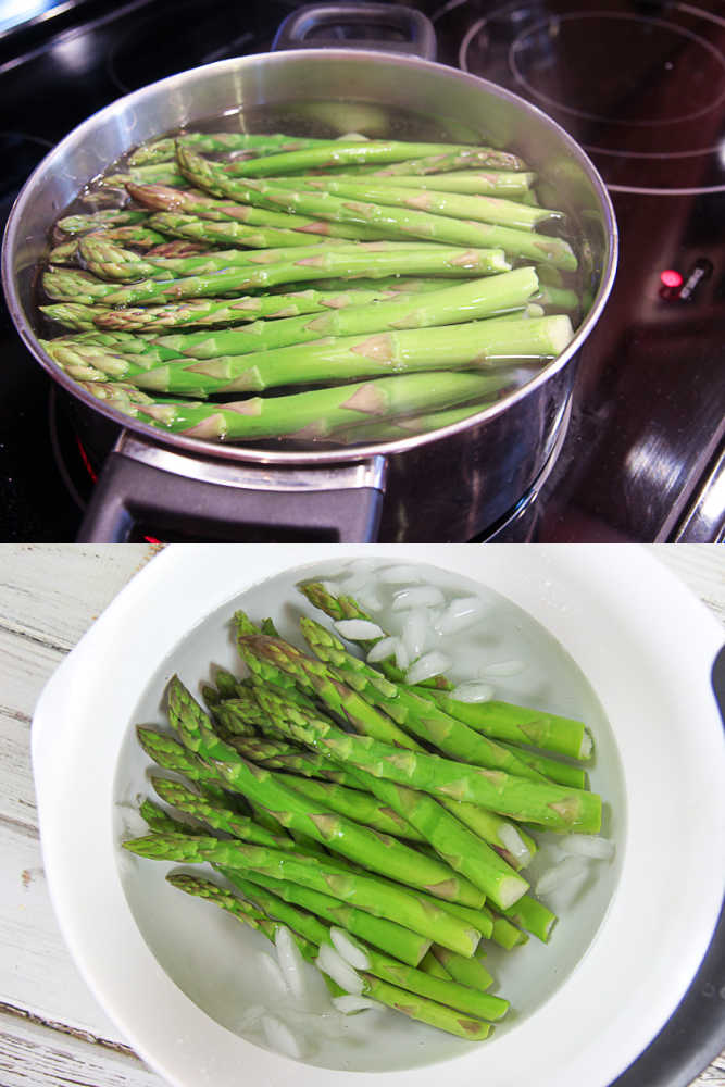 Process shot showing how to blanch asparagus for a salad.