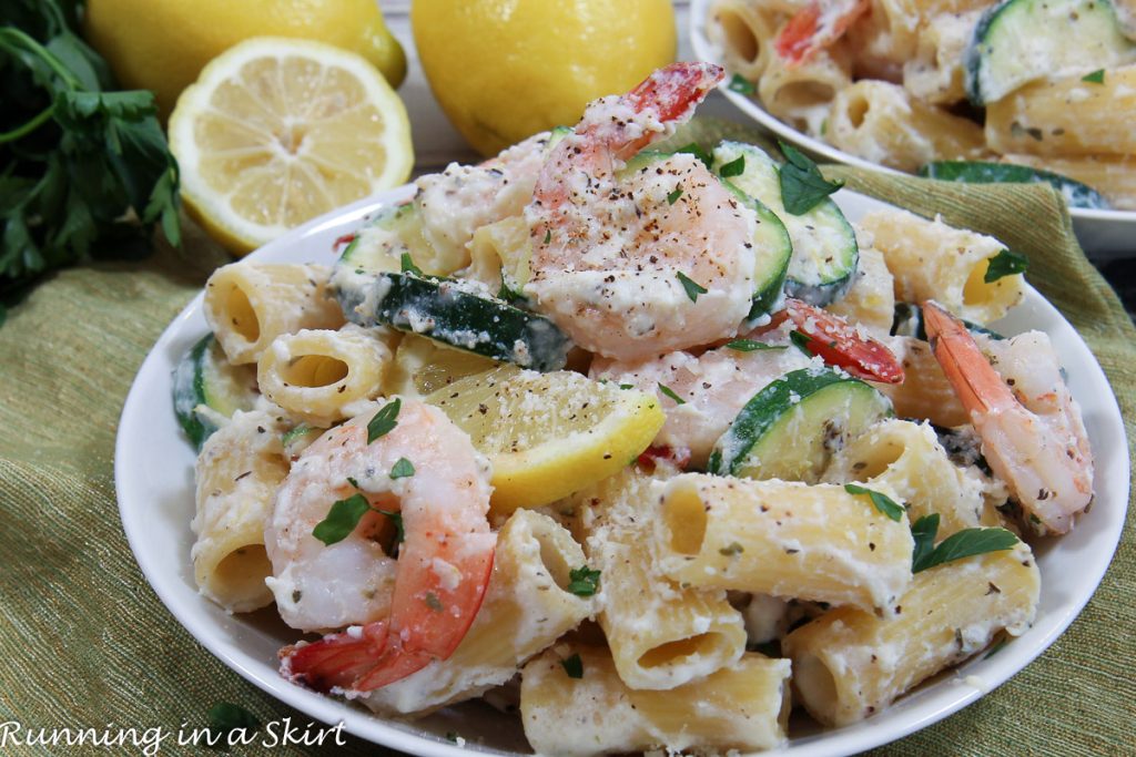 Lemon Ricotta Pasta with Shrimp on a plate.