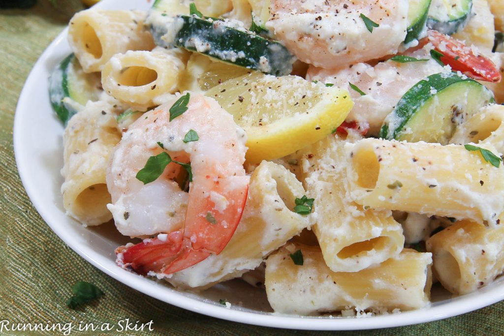 Lemon Ricotta Pasta with Shrimp on a plate