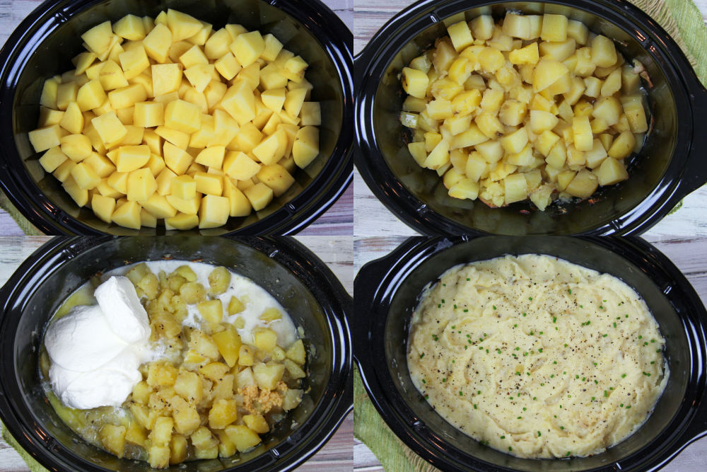 Process photos collage showing the four steps to cooking and mashing the potatoes.