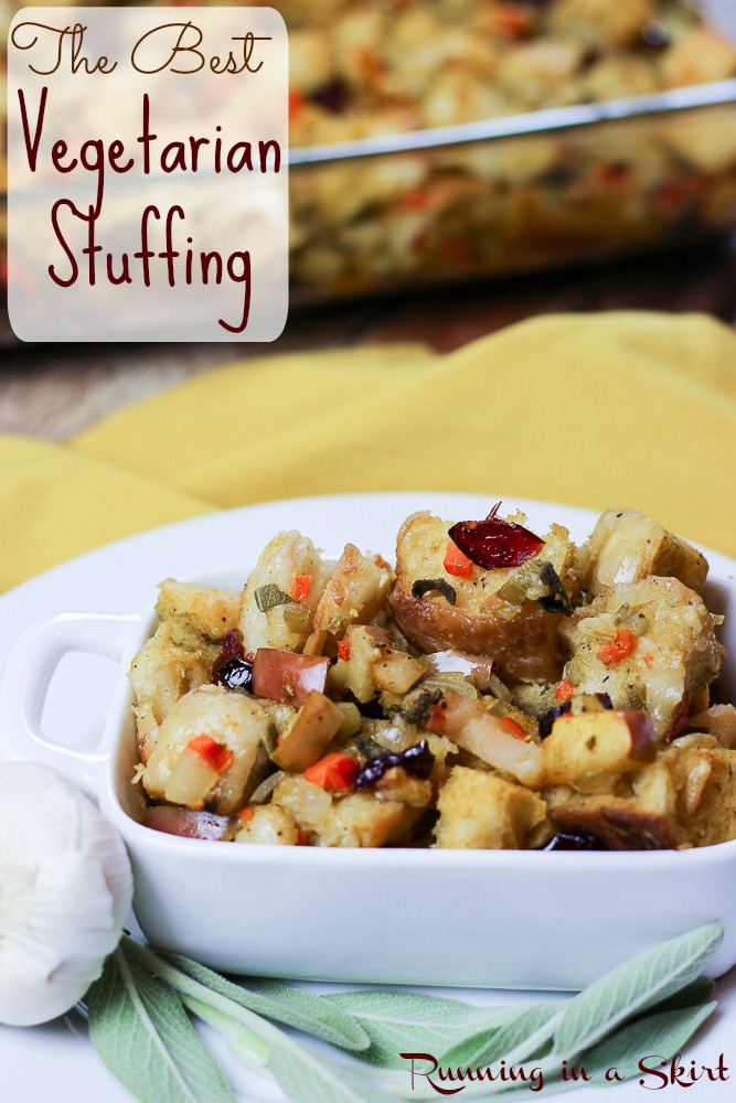 The best vegetarian stuffing in a white bowl.