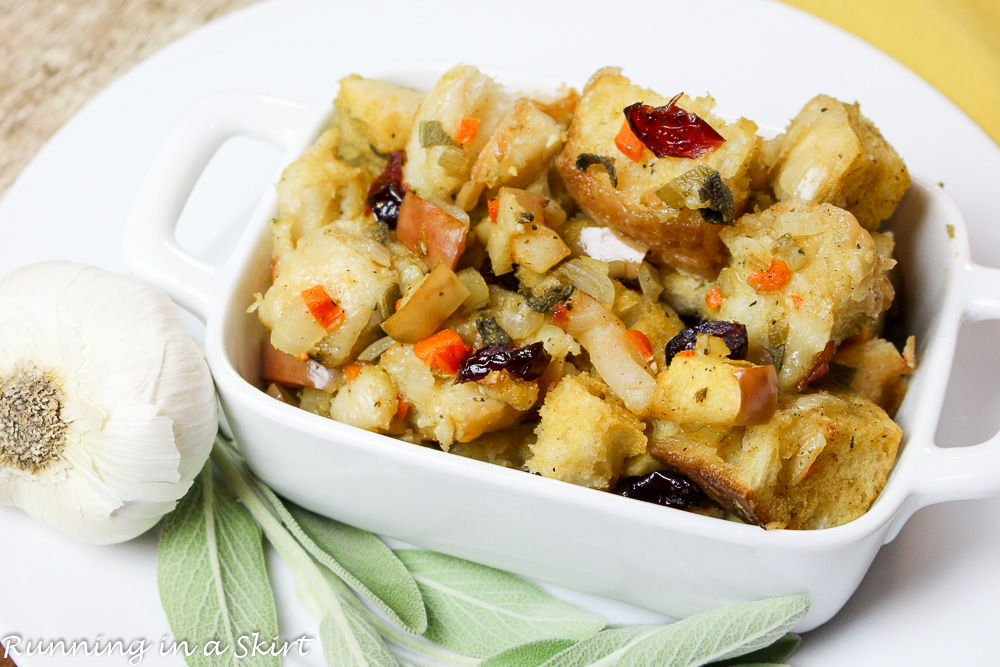 The Best Vegetarian Stuffing in a white serving dish.