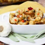The Best Vegetarian Stuffing in a white serving dish.