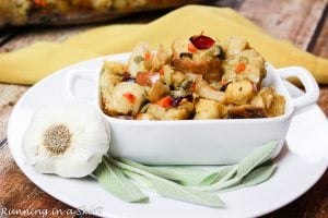 The Best Vegetarian Stuffing in a white serving dish.