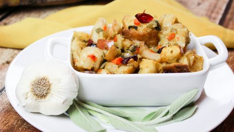 The Best Vegetarian Stuffing in a white serving dish.