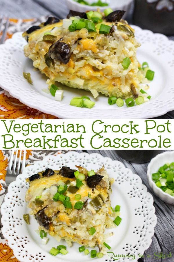 Crockpot Vegetarian Breakfast Casserole recipe - the best easy make ahead and healthy meal that cooks overnight. Perfect for Christmas morning or Thanksgiving. Uses hashbrowns, eggs and vegetables. / Running in a Skirt #thanksgiving #breakfast #recipe #healthy #vegetarian #christmas #makeahead #crockpot #slowcooker #instantpot via @juliewunder