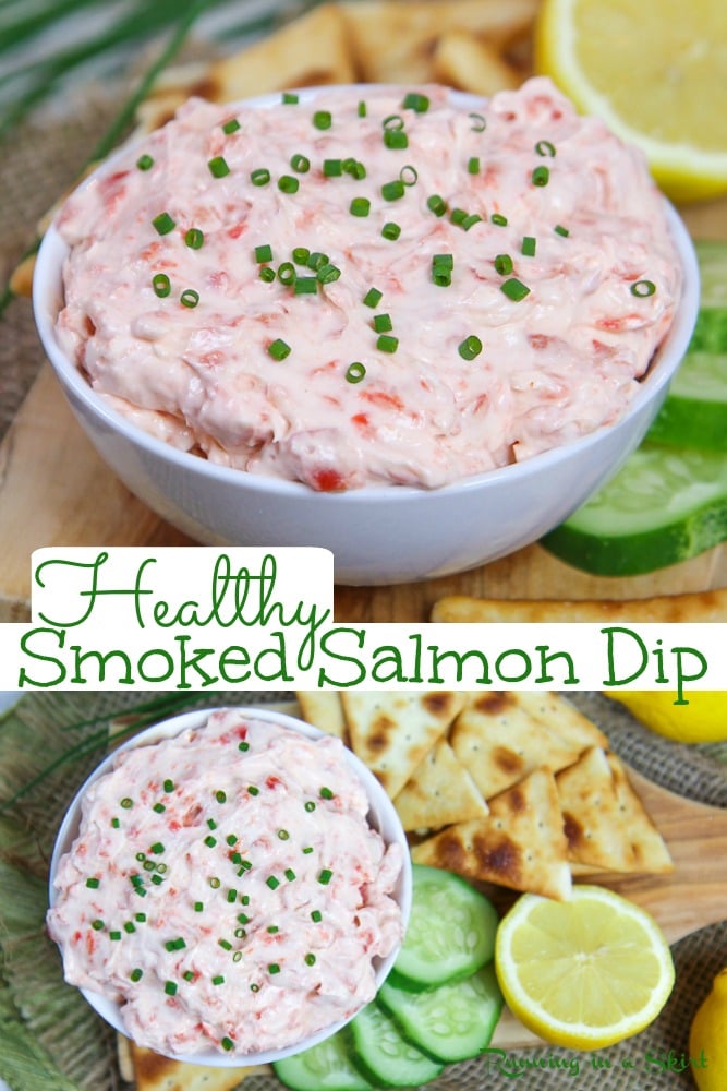 Healthy Smoked Salmon Dip - Only 5 Ingredients! The BEST Salmon Dip with cold smoked salmon cream cheese and greek yogurt. Made in just 5 minutes and perfect as a party dip, lunch or Smoked Salmon Spread on a bagel. No Mayo! Pescatarian & Gluten-Free / Running in a Skirt #healthy #salmon #dip #pescatarian via @juliewunder