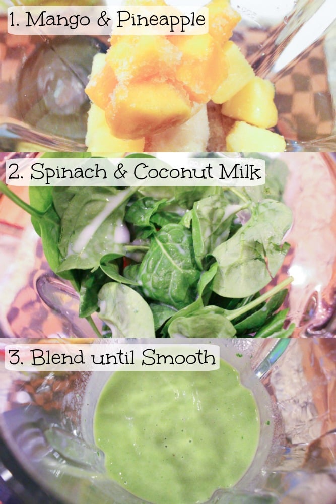 Step by step instructions photo on how to make a Tropical Island Green Smoothie.