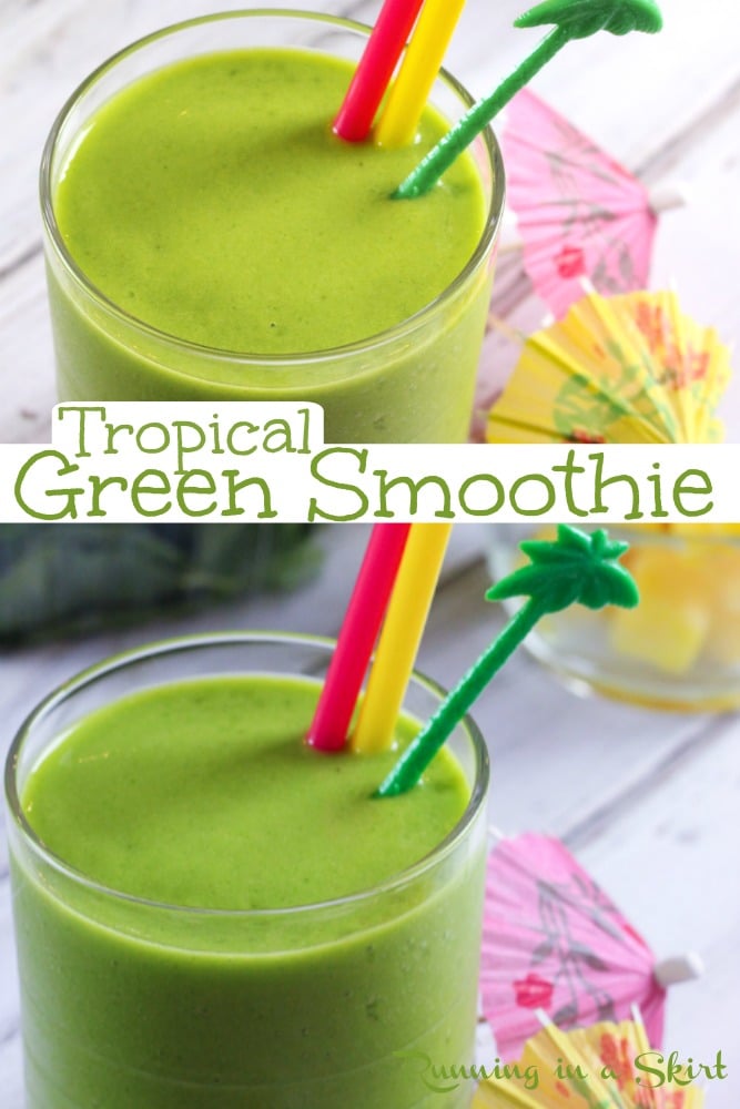 Tropical Green Smoothie recipe - The BEST Health Island Green Smoothie. This easy smoothie is a copycat of Whole Foods and Jamba Juice but better! Uses mango and Pineapple so it's actually yummy, tasty, and delicious. Vegan, simple, low calorie and good enough for kids or toddlers too. / Running in a Skirt #smoothie #greensmoothie #healthy #vegan #vegetarian #healthyliving via @juliewunder