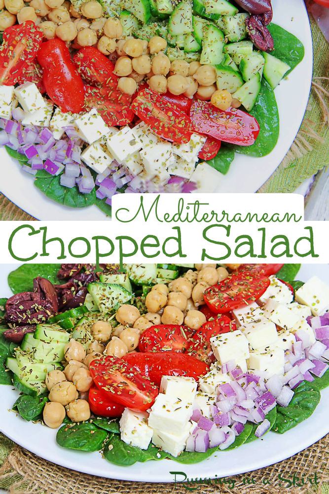 Mediterranean Chopped Salad recipe - The perfect Greek Chopped Salad with chickpeas, olives, cucumber, onion, tomato and cubed feta plus a healthy Greek Dressing. Serve in a bowl or on top of your favorite salad greens. This Mediterranean Chickpea Salad is the perfect clean eating light lunches or dinner. Packed with fresh veggies. Great for make ahead meals. Gluten Free, Vegetarian, Low Carb / Running in a Skirt #vegetarian #mediterraneandiet #greeksalad #healthyliving #saladrecipe via @juliewunder