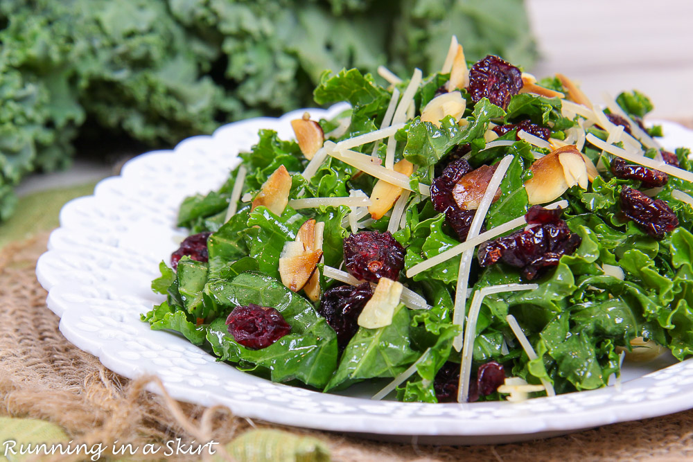 Chopped Kale Salad with Cranberries on a white plate.