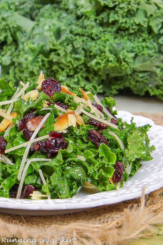 Chopped Kale Salad with Cranberries on a white plate.