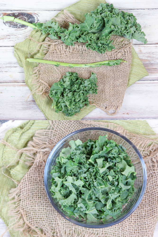 Process photo collage showing how to remove the kale from the stem and chop the kale.