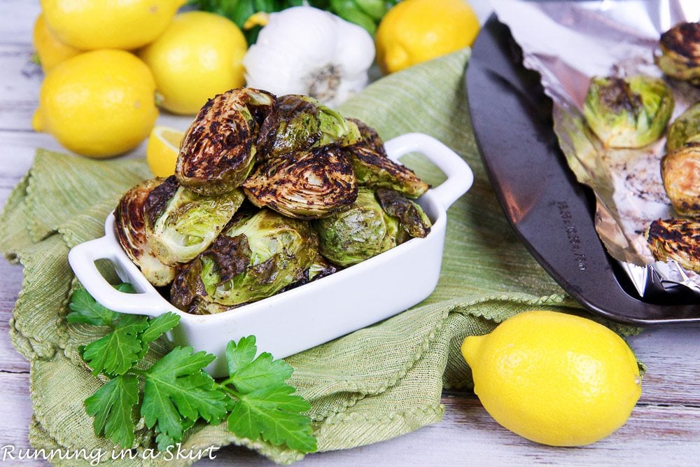 Roasted Brussels Sprouts with Garlic and lemon on a baking sheet.