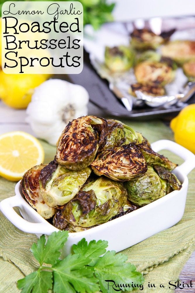 Roasted Brussels Sprouts with Garlic in a white serving dish.