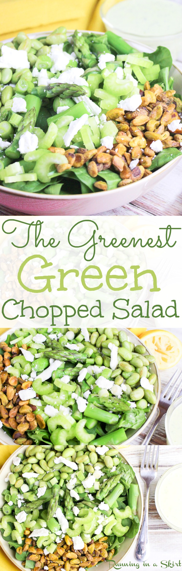 The Greenest Green Chopped Salad recipe with homemade Green Goddess Dressing. An easy & healthy green chopped salad with a basic dressing. Topped with feta but can be vegan friendly and gluten free. / Running in a Skirt via @juliewunder