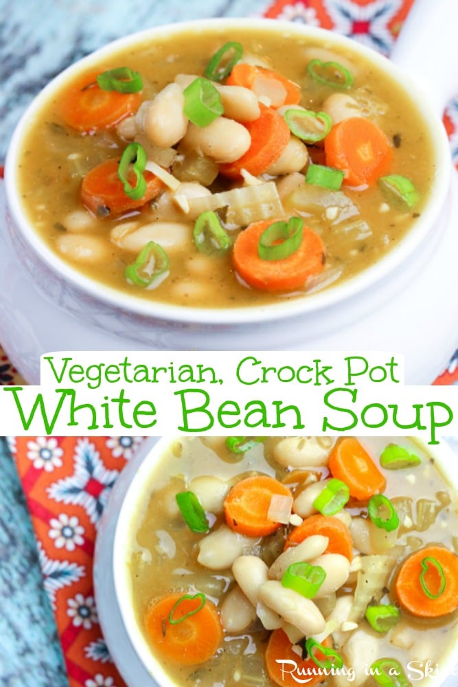 Crock Pot Vegetarian White Bean Soup recipe - an easy, healthy and clean eating soup for vegetarians and vegans! Cooks in the slow cooker or instapot too.  Mediterranean and Italian flavors.  A perfect simple veggie meal idea.  / Running in a Skirt #crockpot #slowcooker #vegetarian #vegan #plantbased #vegetariancrockpot #vegancrockpot #veganslowcooler #vegetarianslowcooker #healthy #recipe via @juliewunder