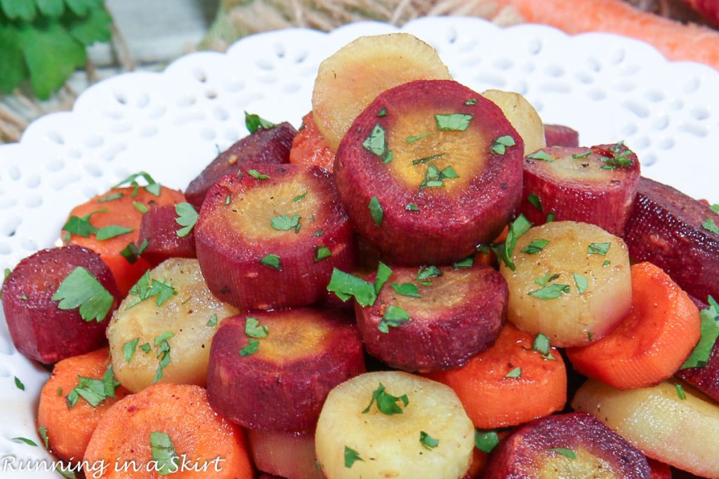 Honey Balsamic Glazed Rainbow Carrots recipe on a plate.