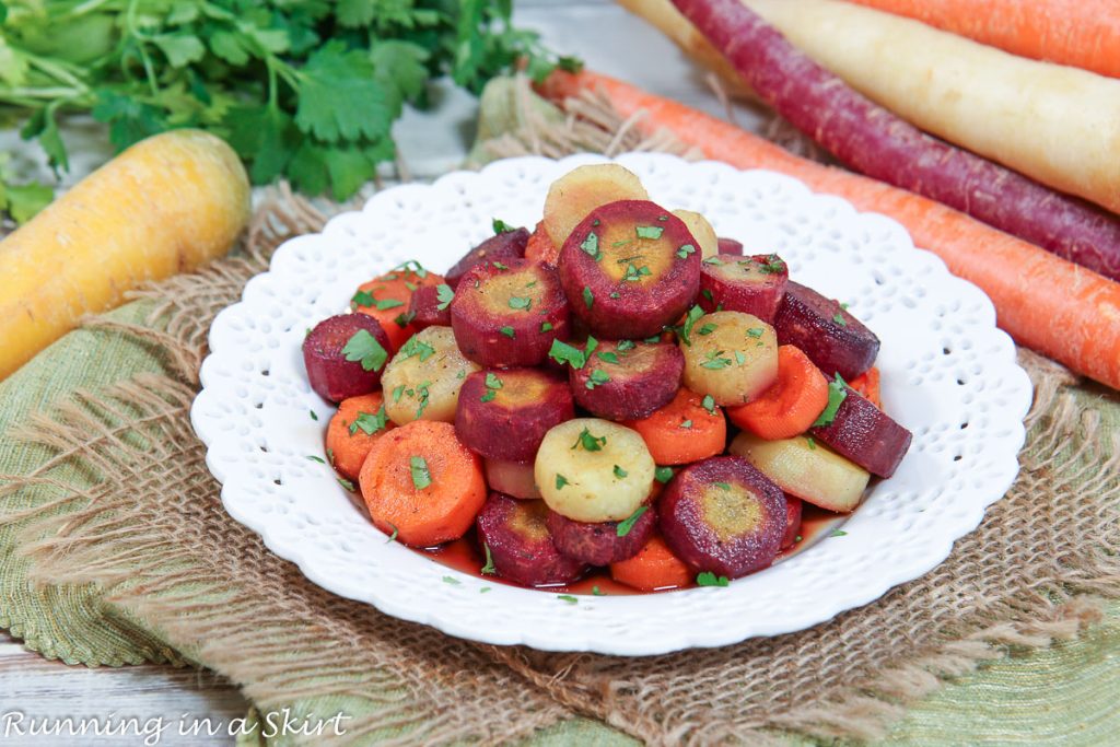 Honey Balsamic Glazed Rainbow Carrots recipe on a plate.