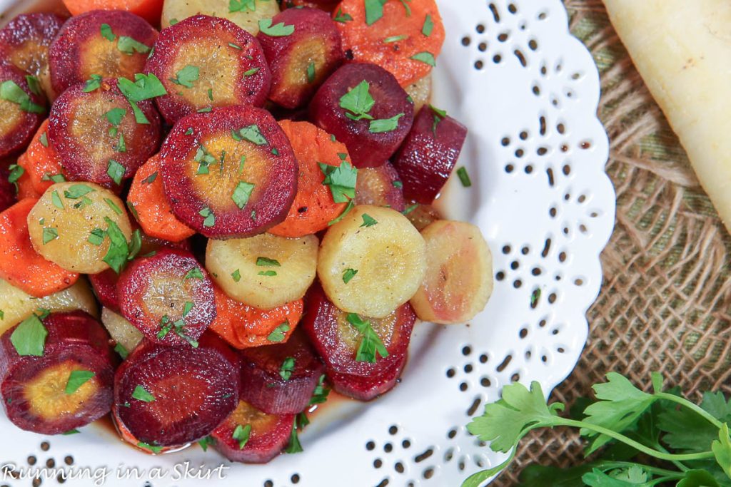 Honey Balsamic Glazed Rainbow Carrots recipe overhead shot.