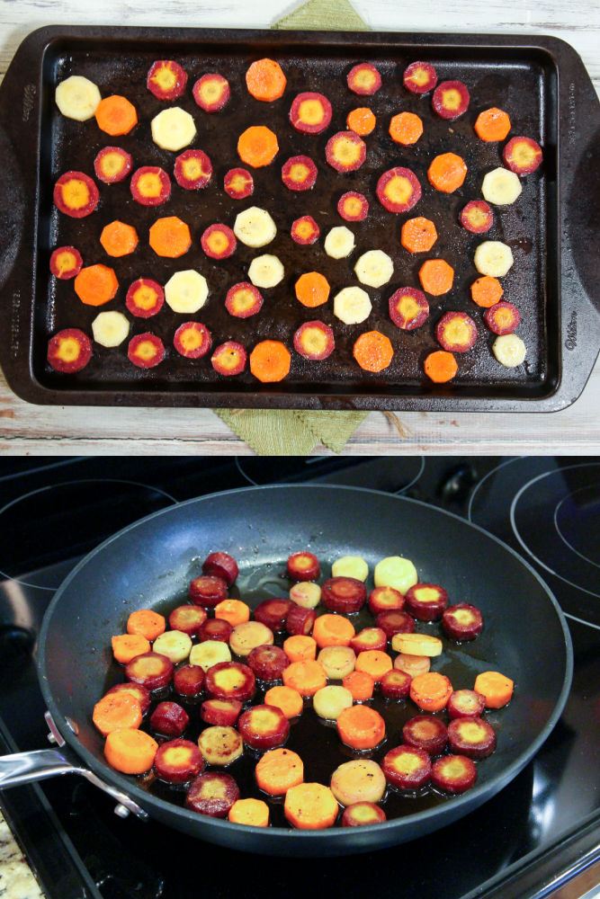 Process photos collage showing how to roast he carrots and how to make the glaze.