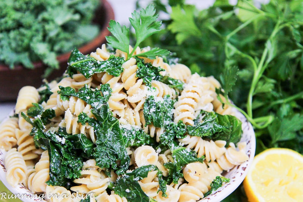 Finished shot of the kale pasta in a bowl.