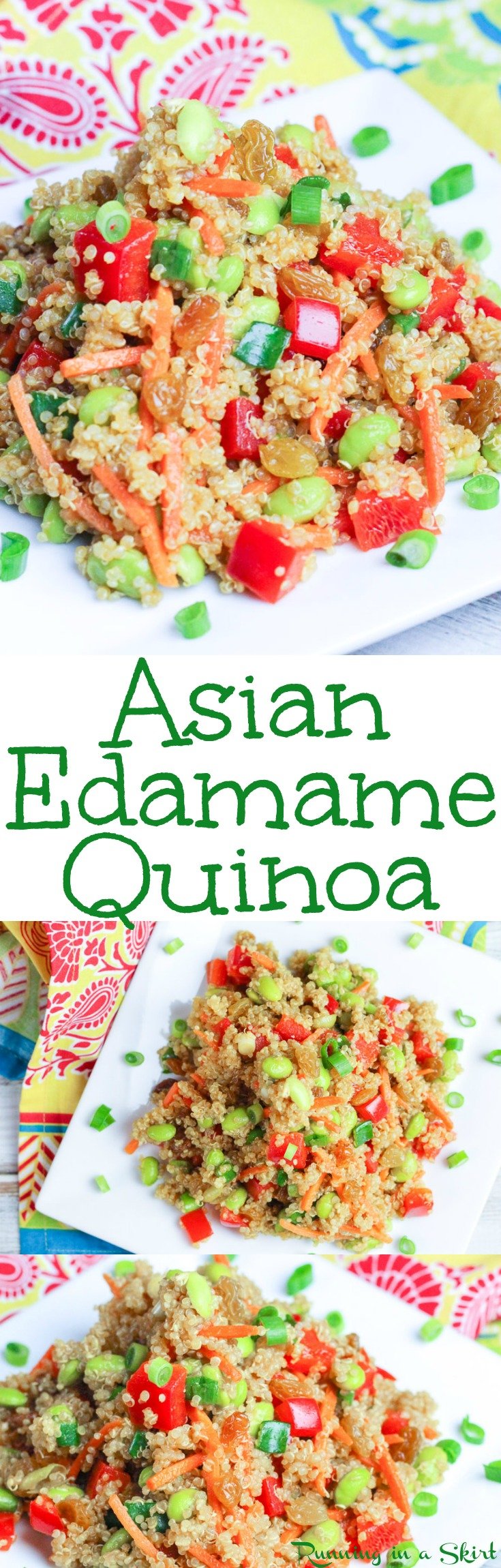 Healthy Asian Quinoa Salad recipe with Edamame - this high protein vegetarian and vegan dish is easy to make! It uses sesame oil, soy sauce and honey for a clean eating dressing. Packed with veggies making it the perfect food for dinners, lunches or appetizers. / Running in a Skirt via @juliewunder