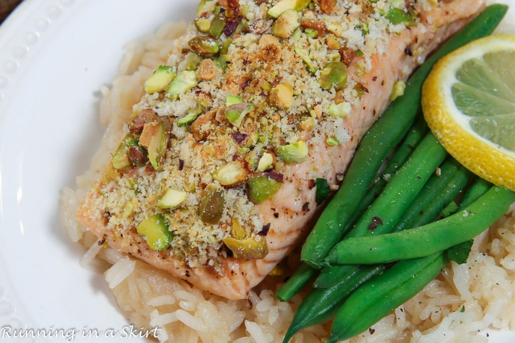 Pistachio Crusted Salmon close up.