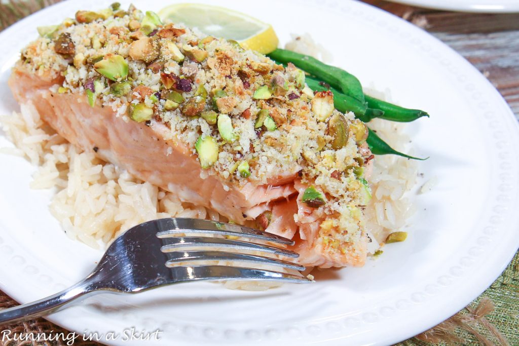 Pistachio Crusted Salmon with fork flaking it.