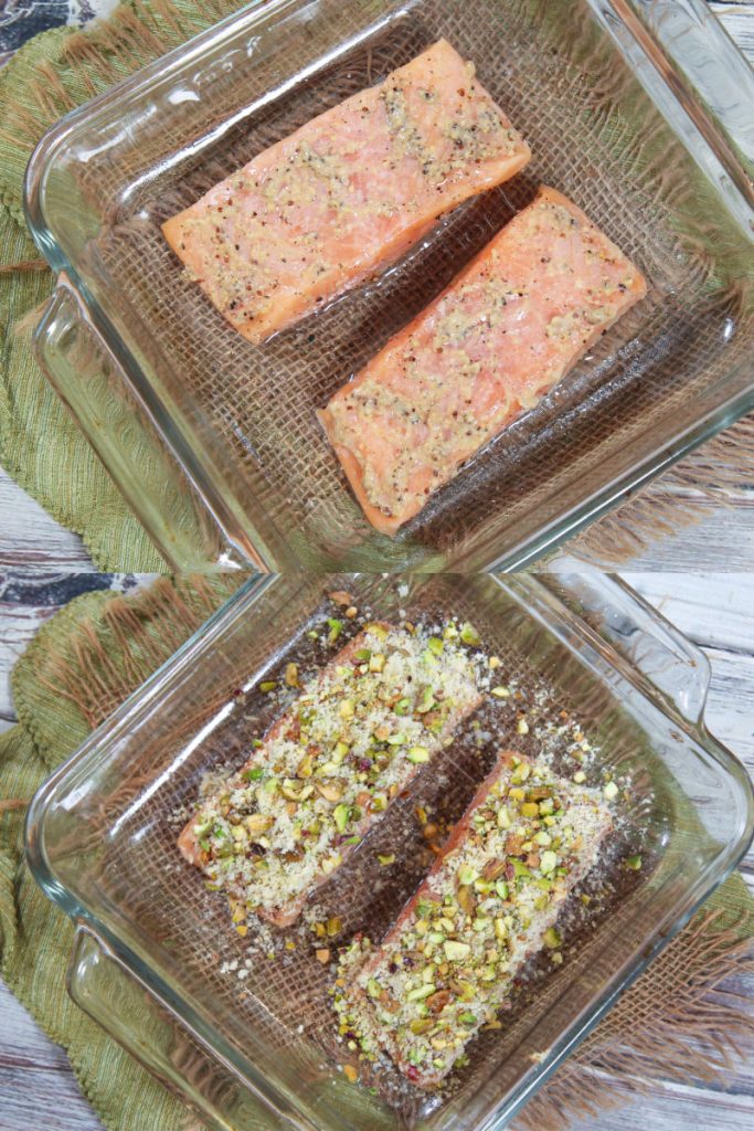 Process photos collage showing how to make the pistachio crust and put it on the salmon.