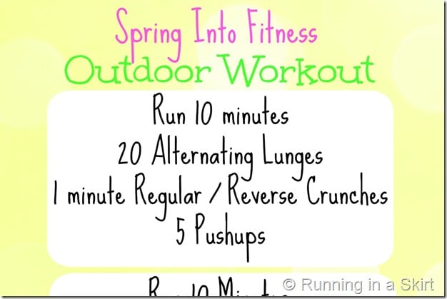 Spring is the season where I am most inspired to get out of the gym and workout outside! This workout mixes running and circuit training into one great outdoor workout idea. See post for details!