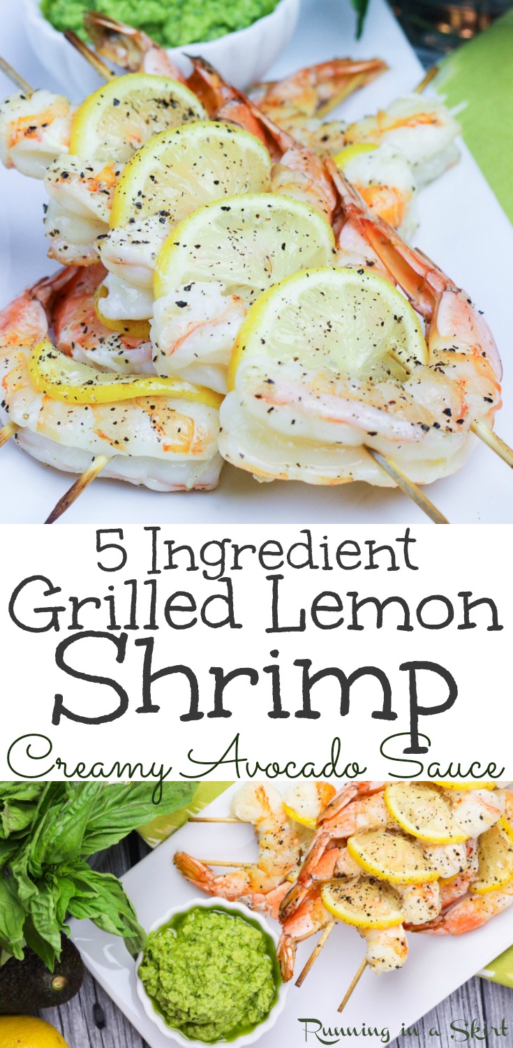 5 Ingredient Easy Lemon Grilled Shrimp Skewers recipe with Avocado Dipping Sauce. The best, simple summer seafood meal. You'll love this easy, healthy and fun dinner made on the grill. Has simple seasoning and avocado sauce. Gluten free, Low Carb, Keto and Paleo. / Running in a Skirt #shrimp #seafood #pescatarian #avocado #lowcarb #glutenfree #paleo #keto #healthy #grilling via @juliewunder