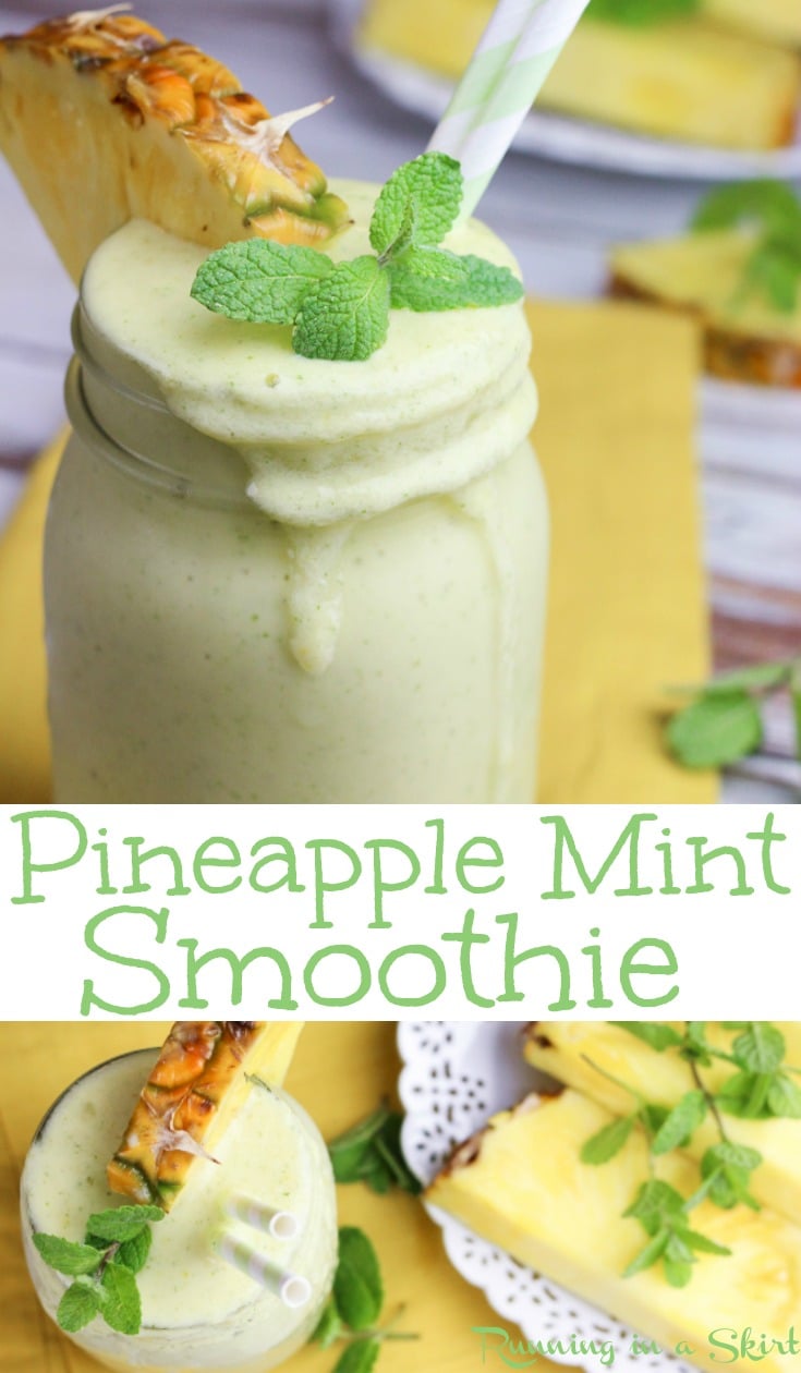 Creamy & Refreshing Pineapple Mint Smoothie recipe. This simple healthy pineapple smoothie is the best easy breakfast, for weight loss or post workout snack. Has greek yogurt for protein with the option of adding more protein powder. Uses almond milk, mango and frozen banana for plenty of flavor! / Running in a Skirt #smoothie #pineapple #mint #recipe #healthy #vegetarian #drink #easy #summer via @juliewunder