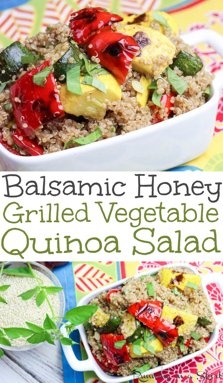 Healthy Balsamic Honey Grilled Vegetable Quinoa Salad - the perfect easy healthy recipes for summer!  The protein and veggies packed meals is full of red peppers and summer squash. 
Vegetarian, gluten free and clean eating!  Vegan option also included / Running in a Skirt #quinoa #cleaneating #recipe #healthy #grilling #summer #glutenfree #vegetarian #vegan #vegetables via @juliewunder