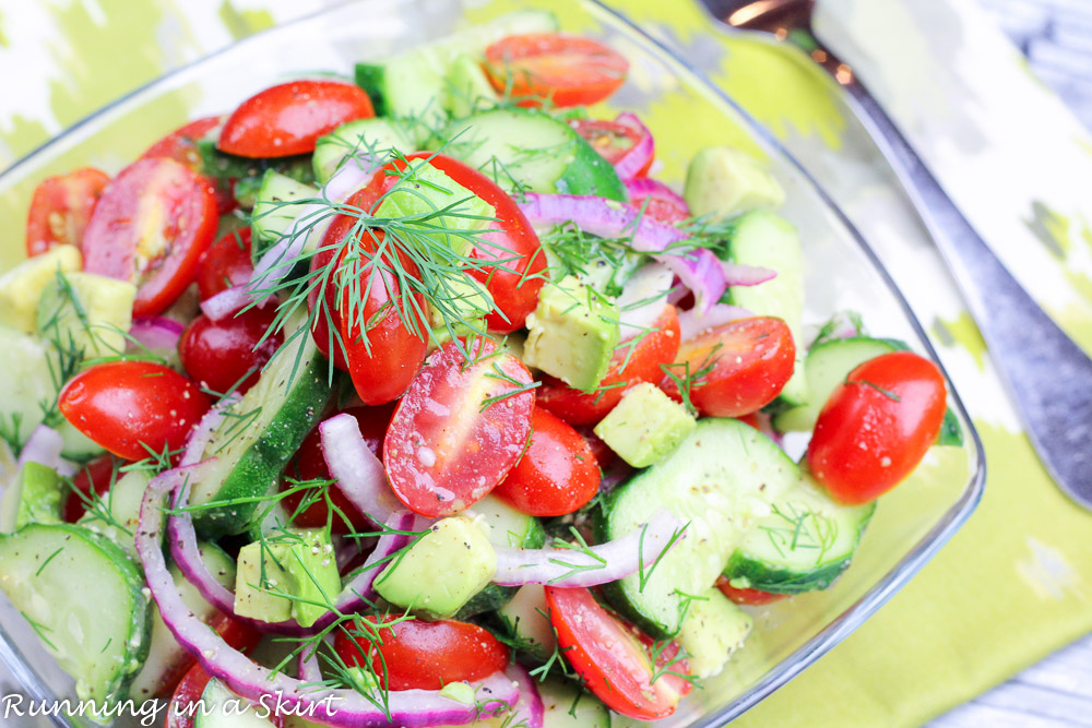 Tomato Cucumber Avocado Salad recipe in a glass bowl.