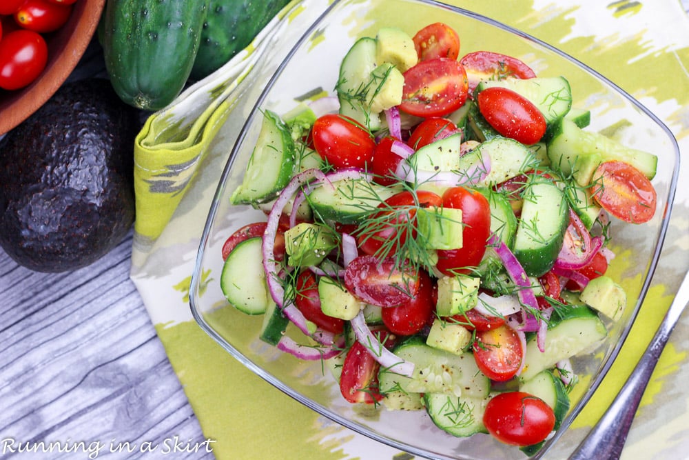 Tomato Cucumber Avocado Salad recipe overhead shot.