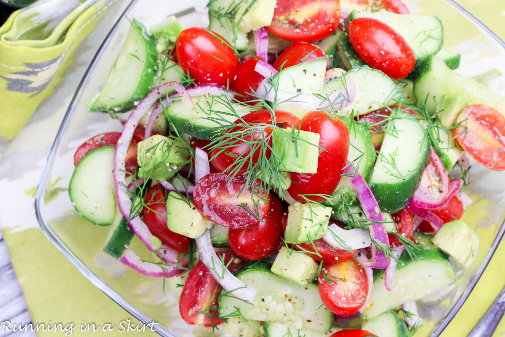 Cucumber Tomato Avocado Salad in a mixing bowl.